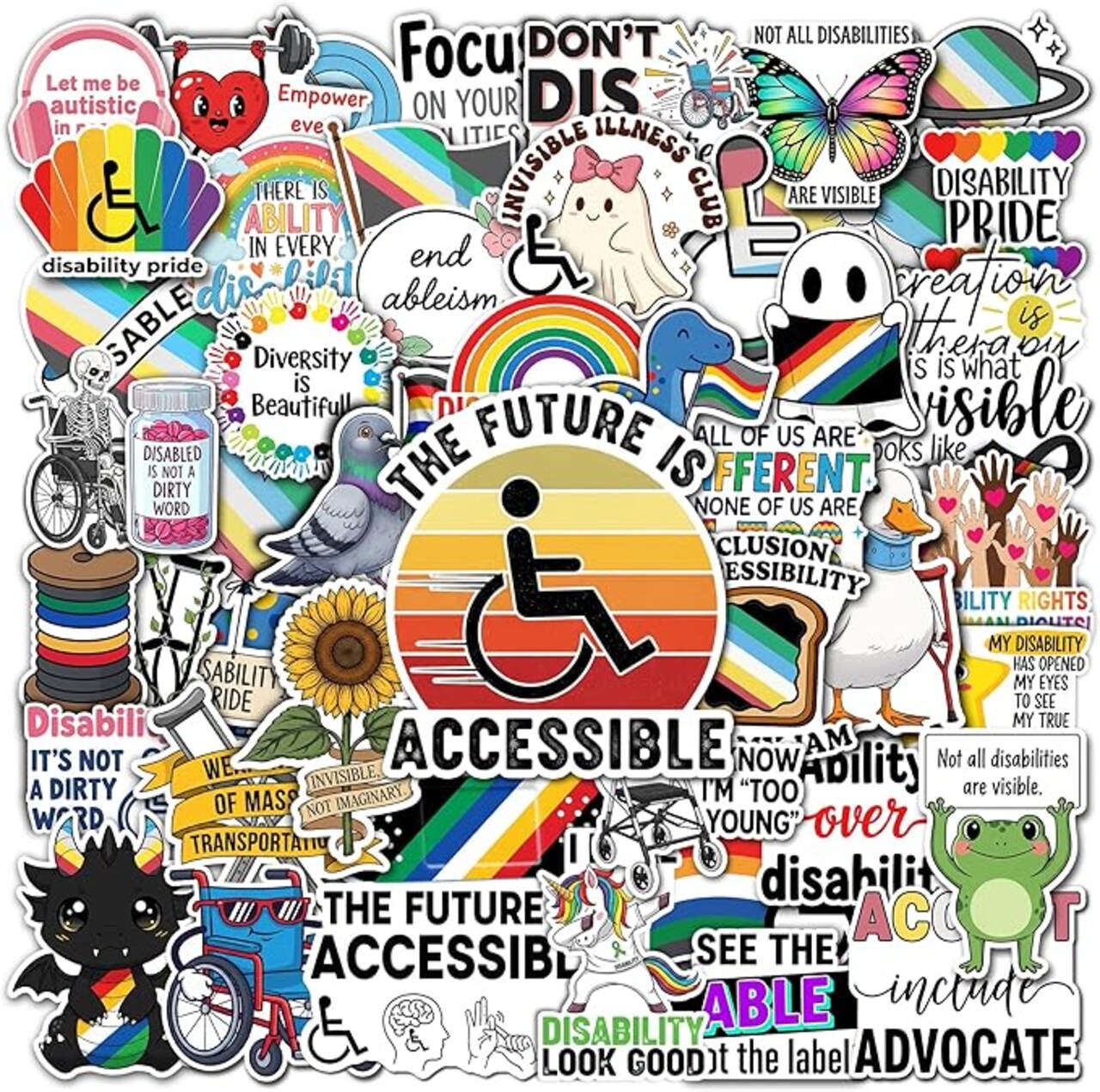 50 Pcs Disability Pride Stickers Human Rights Vinyl Decal Disabled Support Sticker Laptop Water Bottle Tablet Phone Scrapbooking Journal Skateboard Guitar Cabinet Gifts for Teens Adults